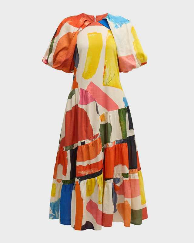 Mosaic Tiered Puff-Sleeve A-Line Midi Dress